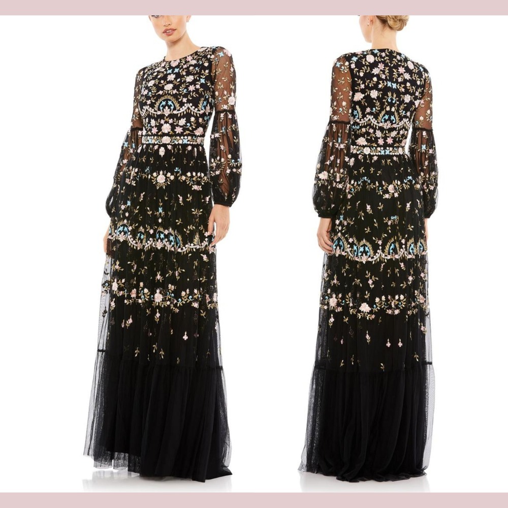 NWT Mac Duggal [ 6 ] 35111 Floral Embroidered Blouson Sleeve Gown‎ Black #Q1214 - Picture 2 of 14